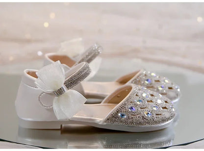 Girls Sandals Shiny Crystal Ins Trendy 2026 Summer New Kids Princess Shoes Mesh Lace Bows Girls Dance Shoes Elegant Hollowed-out