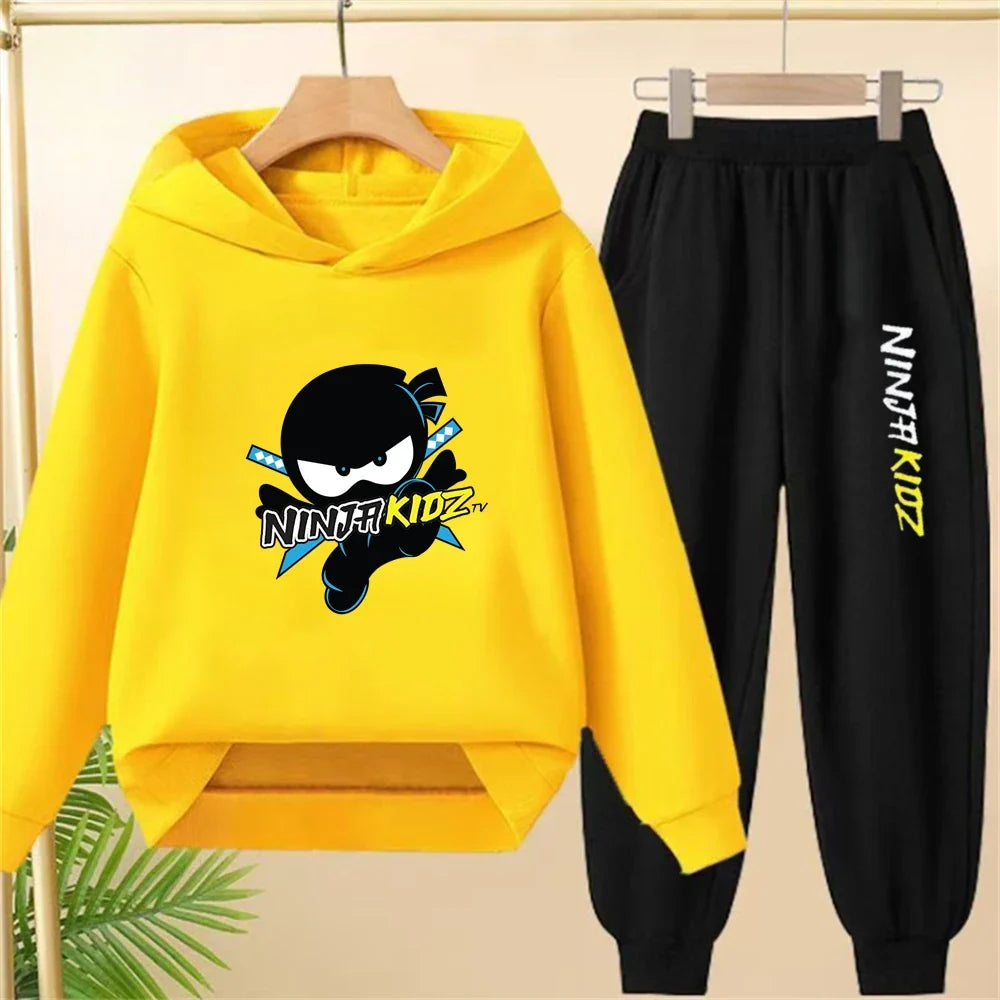 Children Hoodie Child Ninja Print 3-12 Years Old Boys Girls Toddler Coat Top+Pants Stylish Casual Black Sweatshirt Set