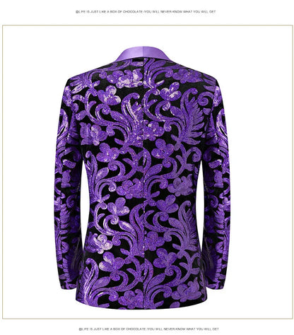 2024 New Flat Velvet Large Flower Sequin Jacquard Mens Blazer, Purple  Stage Performance Suit Dress, Host Fashion Show Jacket