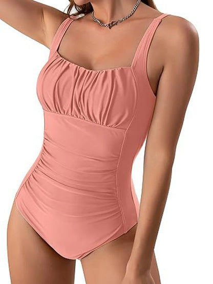 One Piece Ruched Front Swimsuit 2026 Women Vintage Solid Print Swimwear Padded Bathing Bodysuit Bather Swimming Beachwear Summer