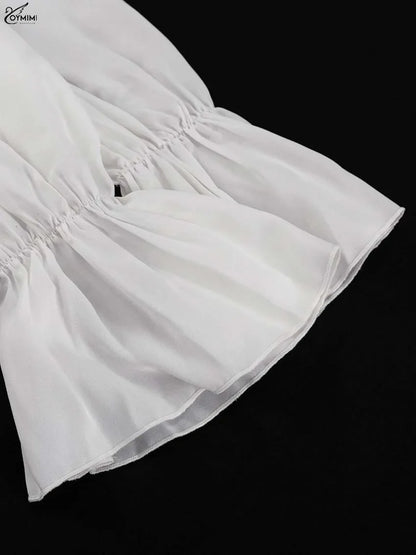 Elegant White Ruffled Dresses 2025 Woman Fashion V-Neck Lace-Up Long Sleeve Dresses Casual High Waist Floor-Length Dress
