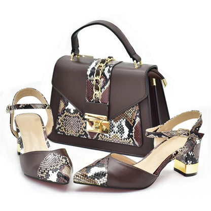 New Design Italian Shoe and Bag Set for Party In Women Ladies Shoes and Sandals Snake Print Heels Wedding Shoes for Women Bride