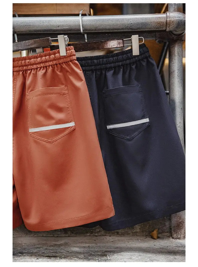 Men's Outdoor Casual Cargo Shorts Elastic Waist Drawstring Shorts with Reflective Strip and Multiple Pockets Loose Bottoms