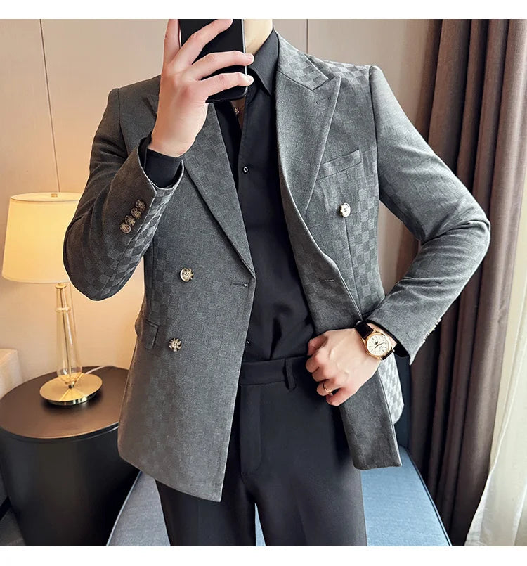 6 Color Luxury Double Breasted Blazers Coats 2024 New Fashion Checkered Business Slim Fit Social   Formal Suit Jacket 5XL-M