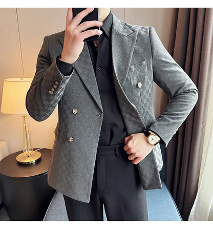 6 Color Luxury Double Breasted Blazers Coats 2024 New Fashion Checkered Business Slim Fit Social   Formal Suit Jacket 5XL-M