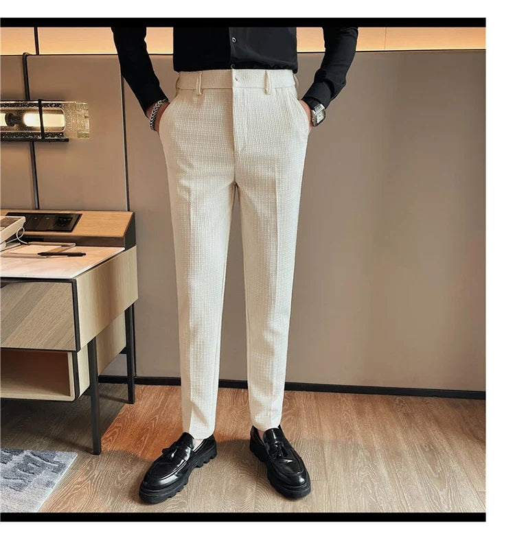 Men's Waffle Casual Pants Fashion Korean Stretch Waist Business Formal Pants Mens Social Party Suit Pants Streetwear Pencil Pant