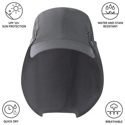 UPF 50+ Foldable Fishing Hat Baseball Cap with Removable Neck Flap Portable for Men Women Golf Hiking