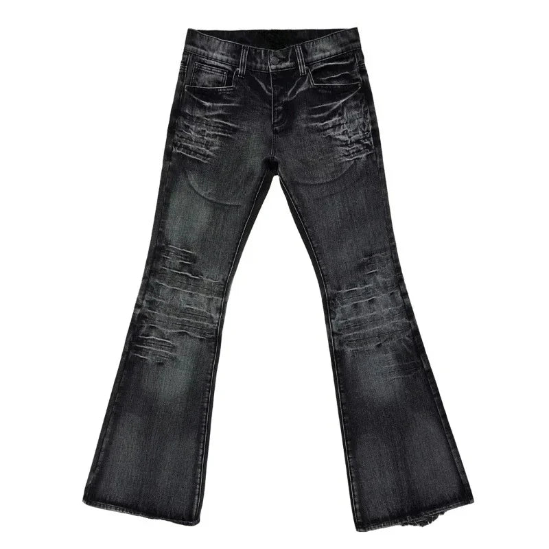 Y2K Vintage Flared Jeans Mid Blue Washed Men Women Bootcut Jeans American Hip Hop Distressed Streetwear Unisex Wide Leg Pants
