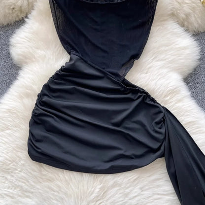 American Sexy Hollowed-out Waist Tube Top Dress for Women's Pleated Waist Hip-wrapped Streamer Girl's Short Dress