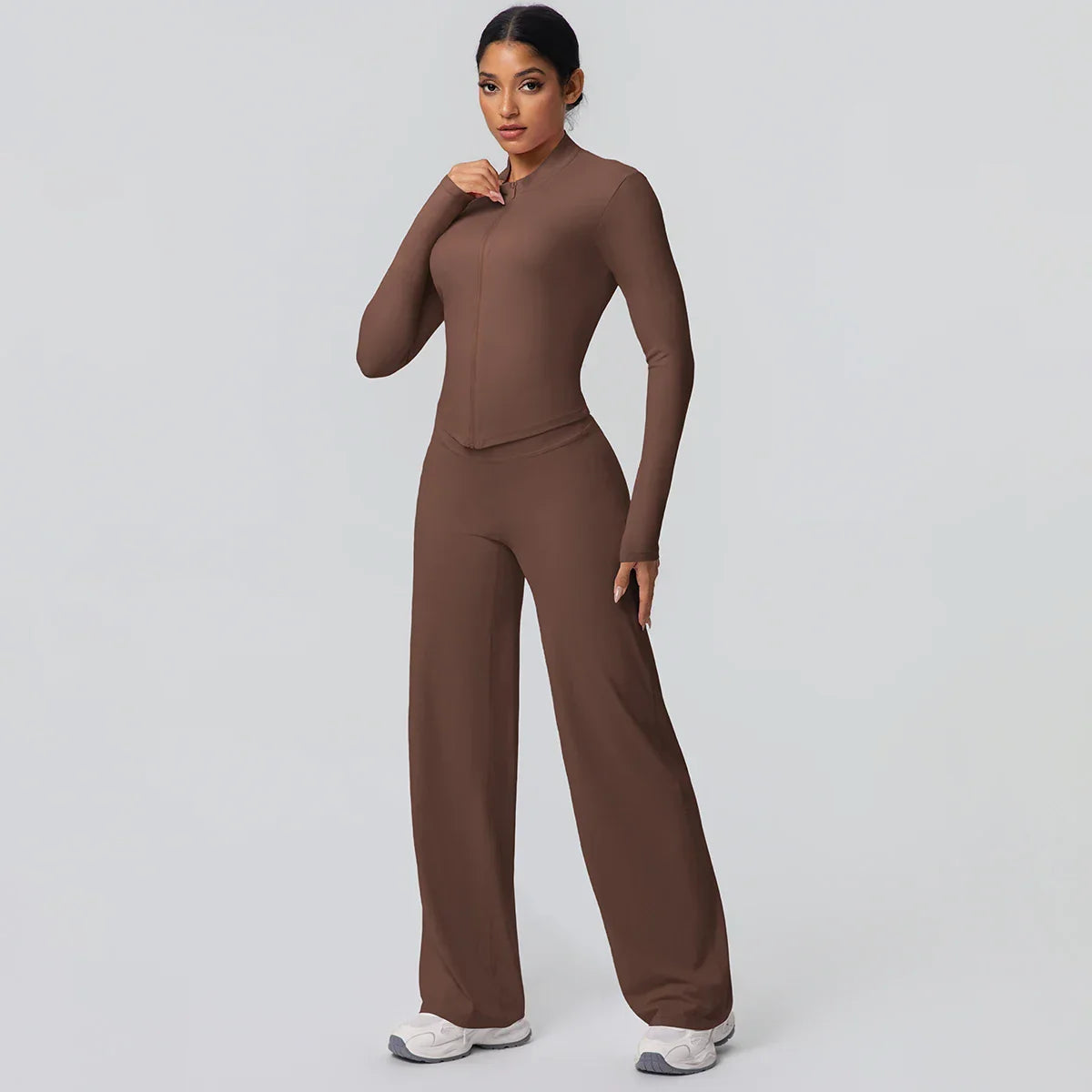2pieces Quick Drying Sports Fitness Clothing Yoga Set Women Yoga Zipper Long Dleeves High Waisted Breathable Wide Leg Pants Set