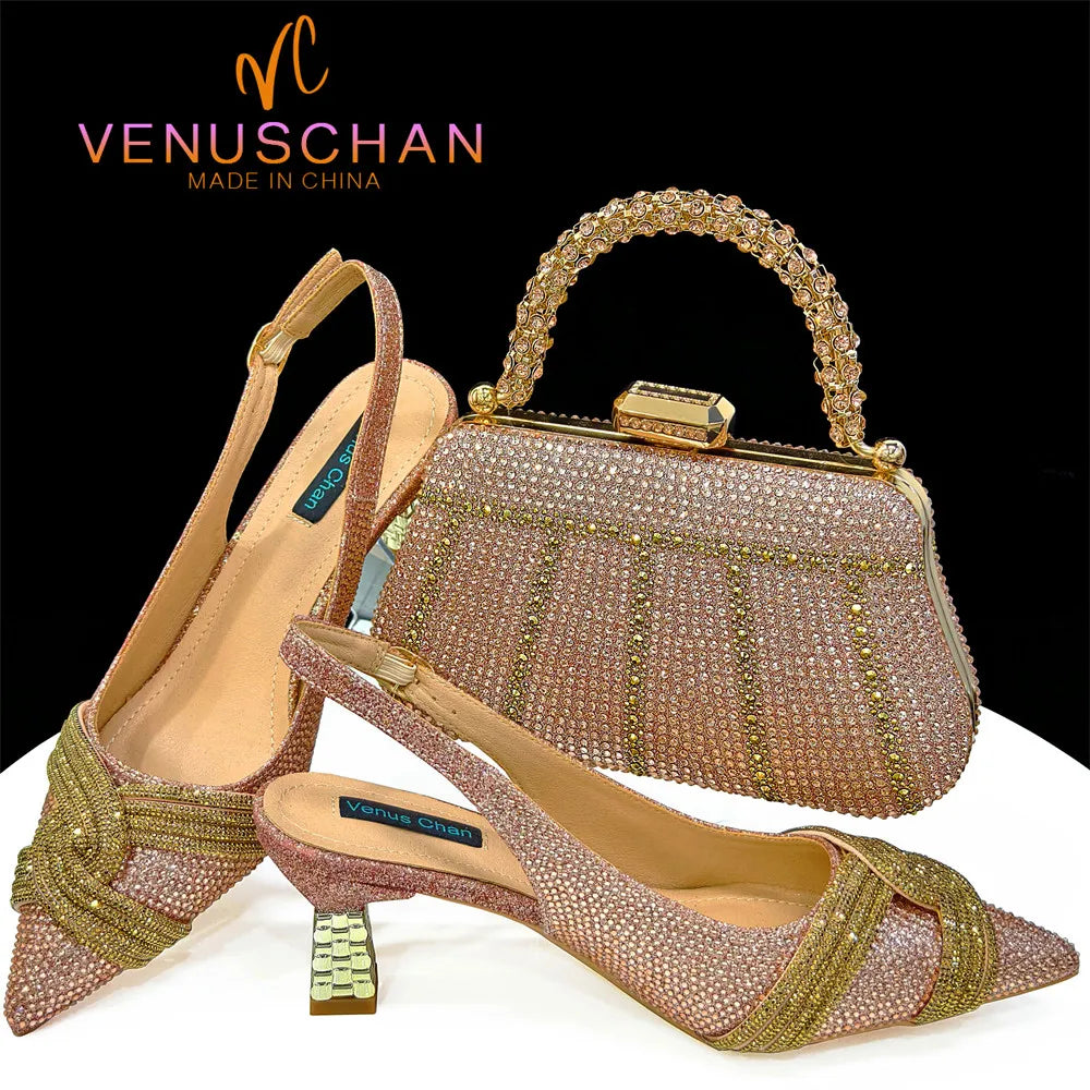 Nigerian Heel Party for Women Shoes and Bag Set Champagne Colour Rhinestone Handbag Italian Design Wedding INS 2024