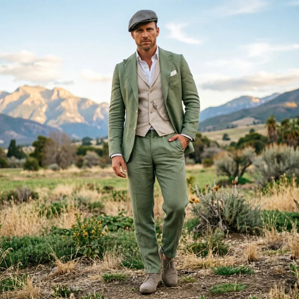 Sage Green Linen Men 3 Piece Suit Breathable Slim Fit Summer Beach Formal Wear For Wedding Business Party Occasion Outfit