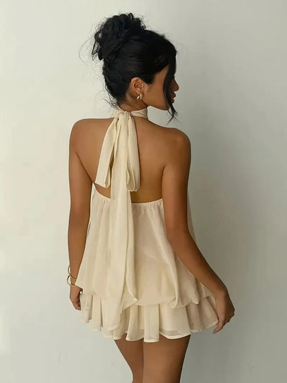 Women's Halter Neck Dress, Backless Tie-Front Chiffon Sheer Mini Skirt, Fashionable Sexy Y2K Vintage Cute Party Birthday Dress