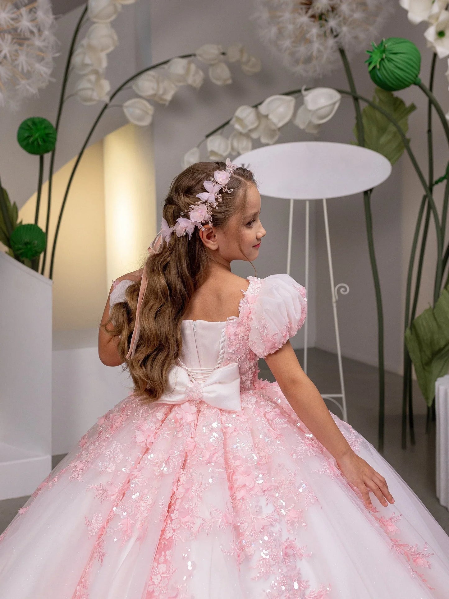 Blush Pink Lace Flower Girl Dress Princess Ballgown Little Girls Wedding Dress Toddle Kids Birthday Party Gowns Customized