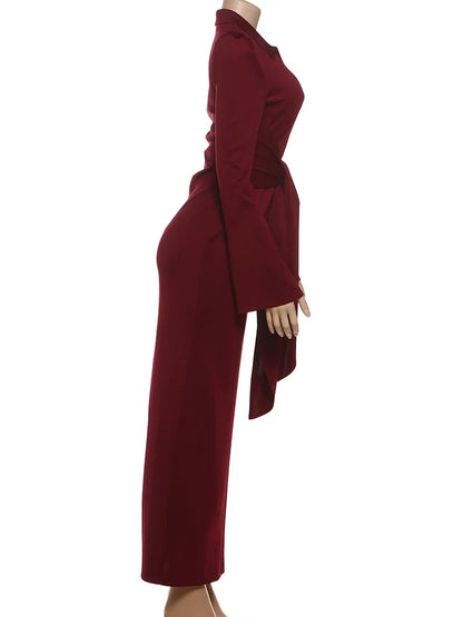 Sexy Maxi Dress Women Shoulder Padded Zip Wrapped Bandage Long Sleeve Slit Elegant Solid Office Simple Skinny Bodycon