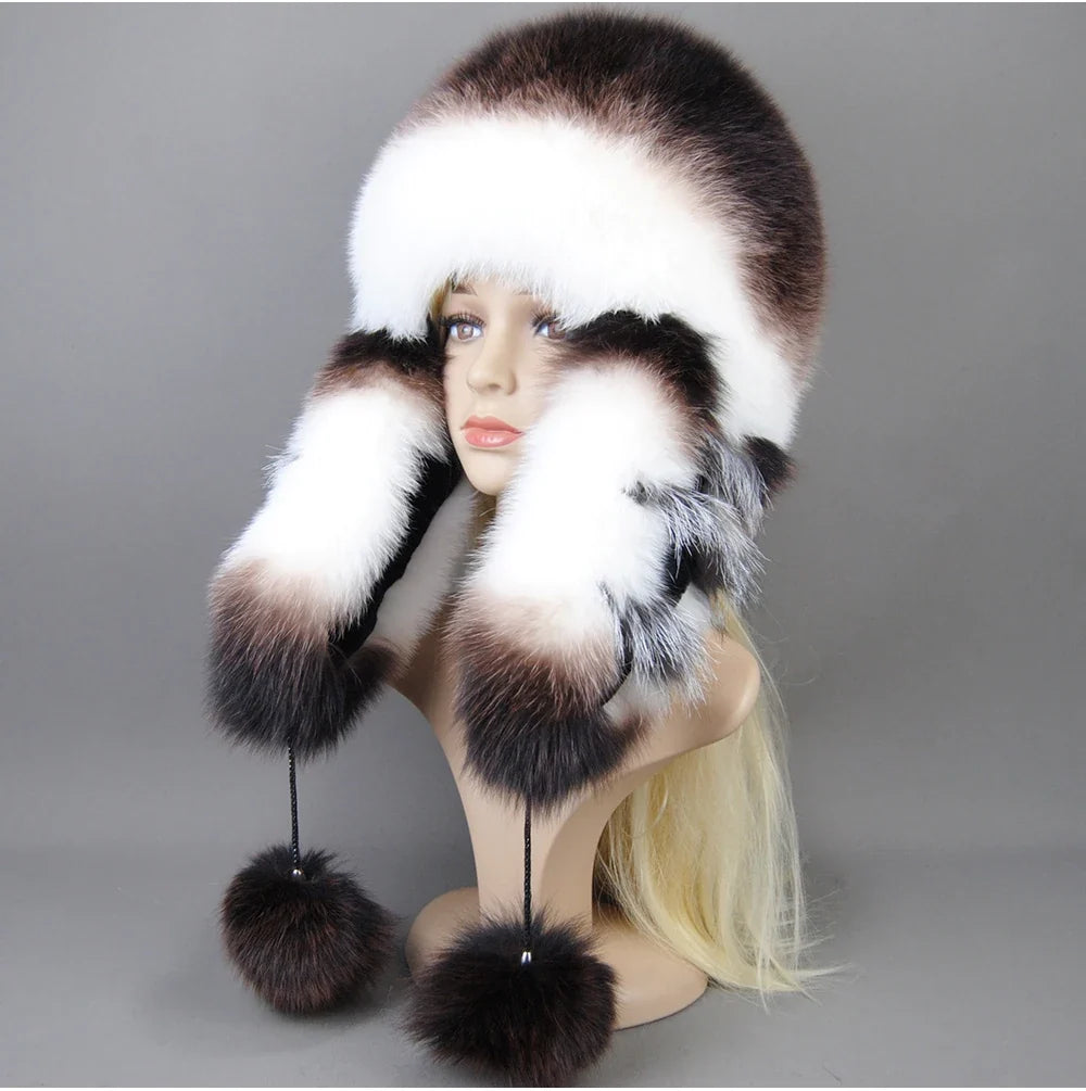 Hot Sale Lady Winter Warm Luxury 100% Natural Fox Fur Hat Fashion Fluffy Fox Fur Rex Rabbit Fur Caps Women Real Fur Bomber Hats