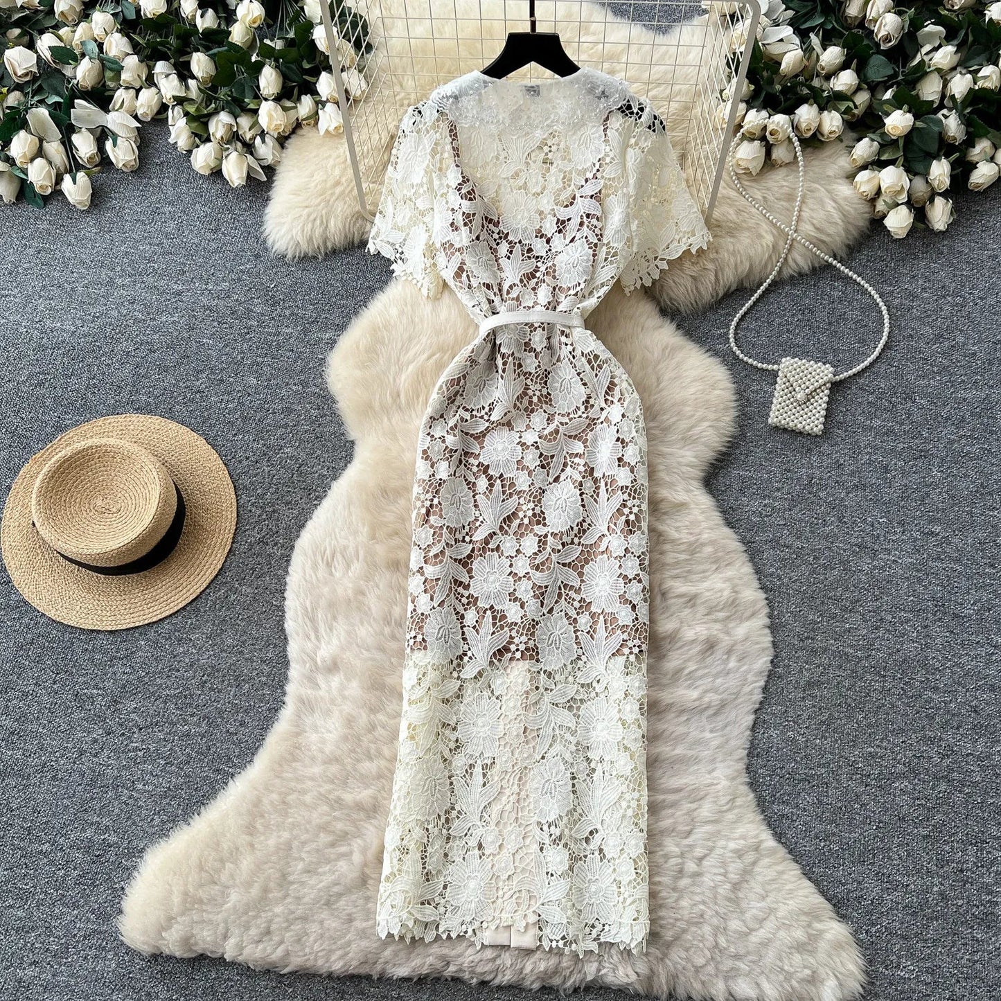 Classy Vintage Flower Lace Dress Office Lady Hollow Out Sashes Short Sleeve Bodycon French Senior Straight Long Dress