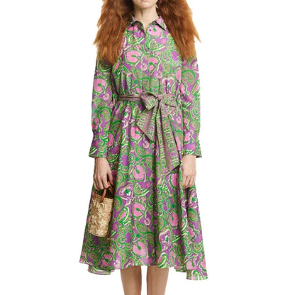 New Summer Women Elegant Dress Femme Retro Commuting Shirt Dress Long Sleeved Lace Up Design Casual Dresses