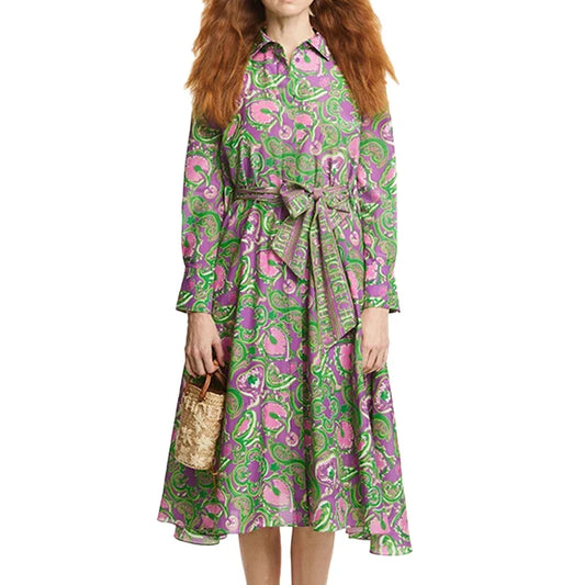 New Summer Women Elegant Dress Femme Retro Commuting Shirt Dress Long Sleeved Lace Up Design Casual Dresses