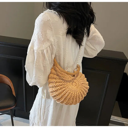 Fashion Conch Shaped Crochet Women Shoulde Bags Funny Cute Pearls Chains Handmade Weave Crossbody Bag Novelty Small Handbags