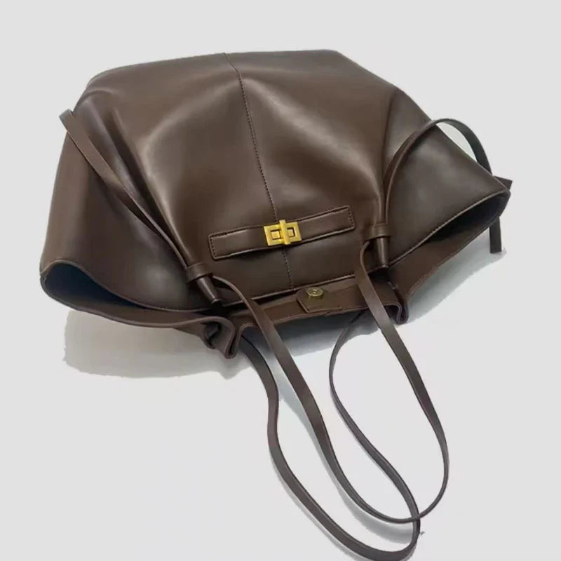 2026 New Large Capacity Trapeze Women Shoulder Bags Designer Metal Lock Handbags High-Quality Pu Leather Big Tote Commute Bag