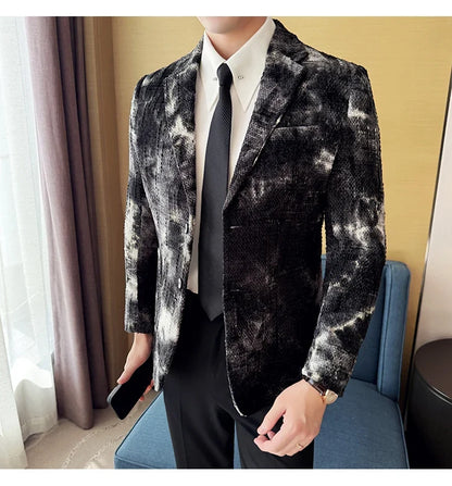 High QualityTie Dye Chenille Men Fashion Casual Suit Jacket Autumn Winter New Korean Slim Fit Social Wedding Suit Blazer