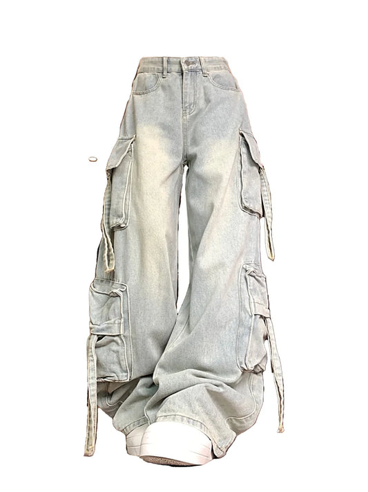 Women's Blue Multi Pocket Cowboy Pants Cargo Y2K Japanese Harajuku Streetwear Aesthetics Retro 90S Jeans Pants Clothing 2025 New