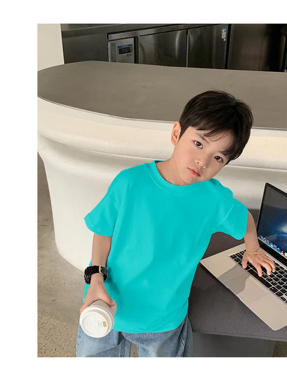 Summer Casual School Kids Cotton Plain Tee Tops Baby and Boys Short-Sleeved T-Shirt Children Outfit Clothing 1-16 Years