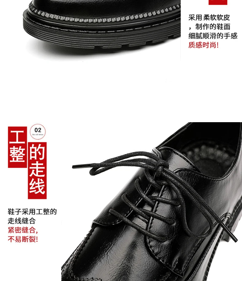 Men Korea Leather Platform Oxfords Slip on Thick Tottom for Male Derby Shoes Casual Loafers Mens Square Toe Formal Dress Shoes