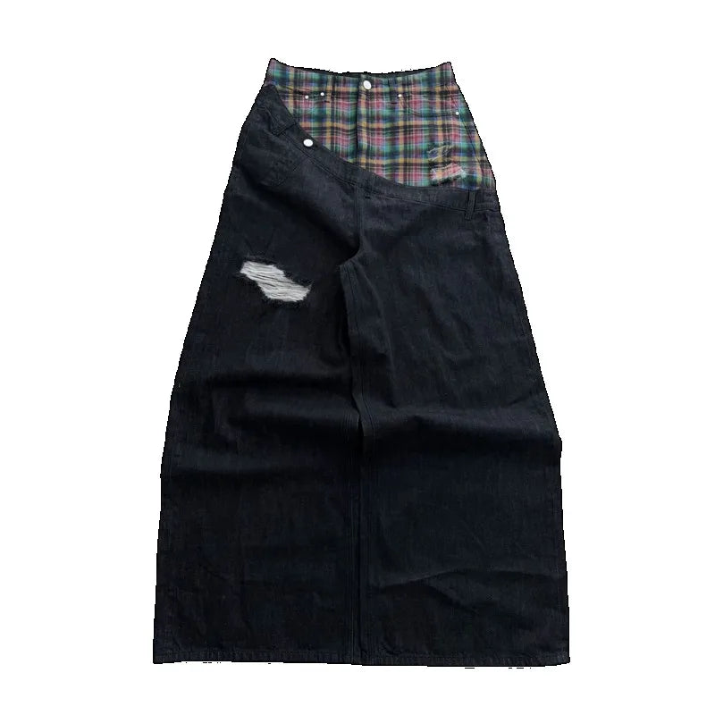 Y2k Slanted Runway Baggy Jeans Retro Plaid Patchwork Men Women Wide Leg Pants American Hip Hop Streetwear Unisex Casual Jeans