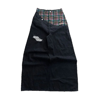 Y2k Slanted Runway Baggy Jeans Retro Plaid Patchwork Men Women Wide Leg Pants American Hip Hop Streetwear Unisex Casual Jeans