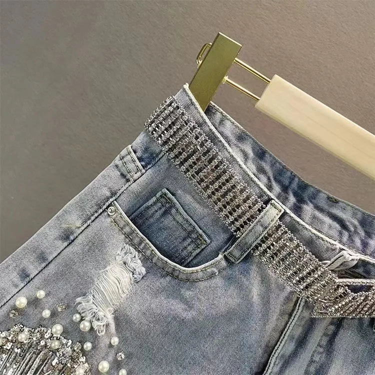 New 2026 Summer Women Heavy Beaded Rhinestone Shorts High Waist Sequin Tassel Ripped Wide Leg Hot Pants