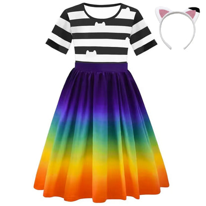 Cartoon Kids Girls Rainbow Dresses+Pants Sets Children Halloween Easter Cats Carnival Cosplay Costume Birthday Party 3-10 Year