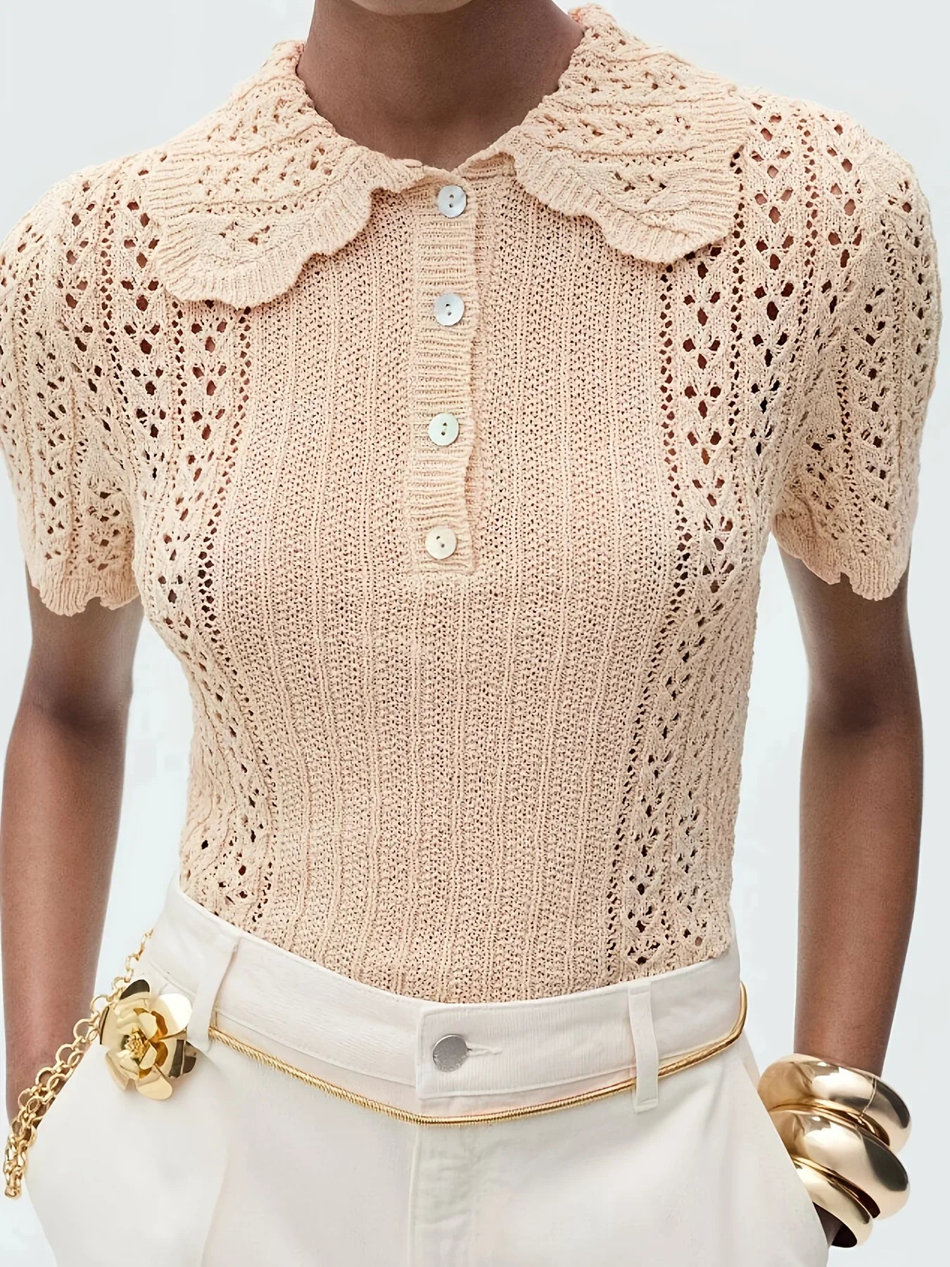 Women's short-sleeved button-down slim-fit pullover sweater with polo collar and Peter Pan collar, new spring/summer top.