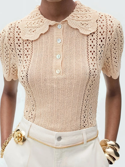 Women's short-sleeved button-down slim-fit pullover sweater with polo collar and Peter Pan collar, new spring/summer top.