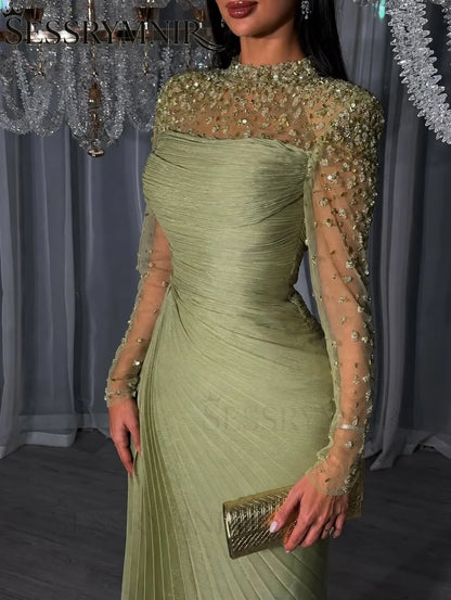 Women'S Formal Evening Gowns Customize Scoop Neck Beading Luxury Evening Dresses Long Sleeves Straight Floor-Length