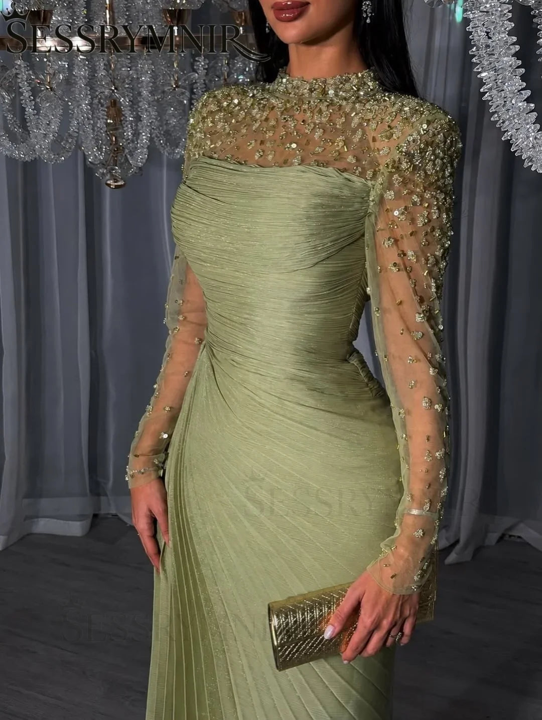 Women'S Formal Evening Gowns Customize Scoop Neck Beading Luxury Evening Dresses Long Sleeves Straight Floor-Length