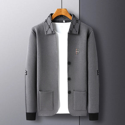 Luxury Brand Men's Autumn Winter Lapel Embroidered Sweater Coat Fashionable Business Three-dimensional Pocket Warm Knitted Jacke