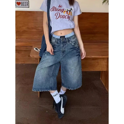 Women's Y2K American Retro Bamboo Denim Capri Pants Summer 2026 Washed Versatile Loose Wide Leg Mid-Length Trendy Trousers