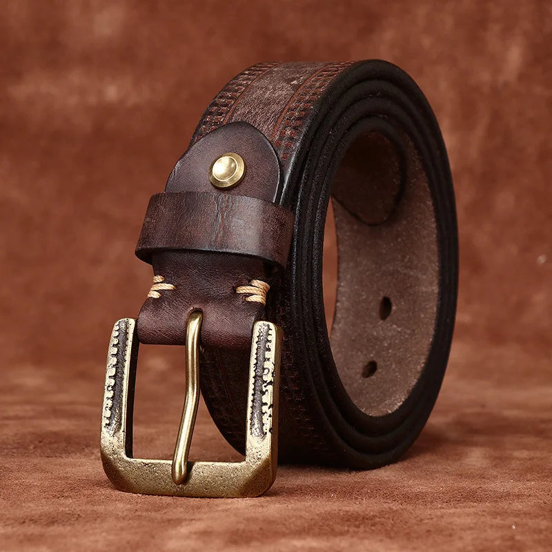 3.8CM Pure Cowhide High Quality Genuine Leather Belts for Men Brand Strap Male Brass Retro Buckle Jeans Cowboy Cintos Luxury