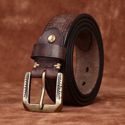 3.8CM Pure Cowhide High Quality Genuine Leather Belts for Men Brand Strap Male Brass Retro Buckle Jeans Cowboy Cintos Luxury