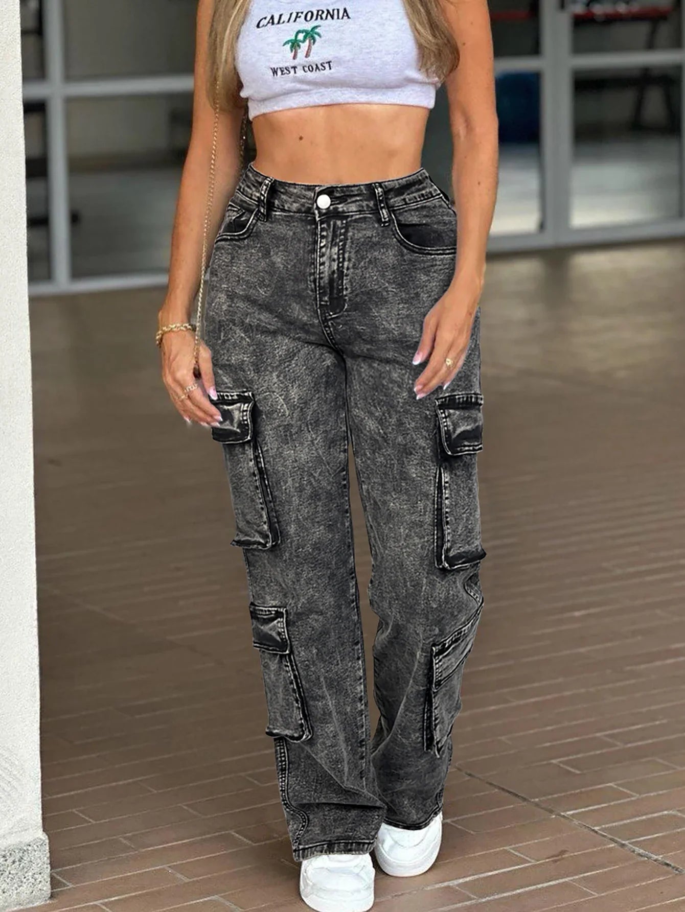 Vintage Y2k Washed Multi-Flap Pocket Straight Leg Cargo Jeans Women's Mid-Rise Versatile Streetwear Campu Sall Seasons Match