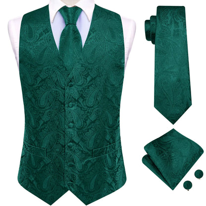Mens Suit Vests Jacquard Woven Paisley Waistcoat Tie Hankerchief Cufflinks Set Green Teal Mint for Men Weddding Business Party