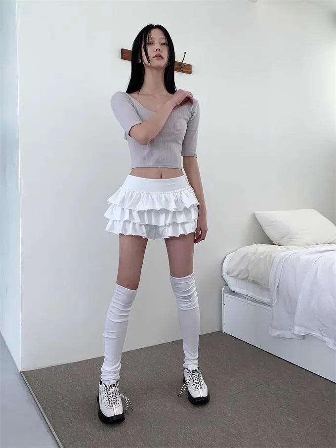 Y2k Lolita Mini Cake Skirt Soft Girl low Waist Ruffle Fluffy Fairy Skirts Summer Kawaii Cute Elegant Short Skirt Black
