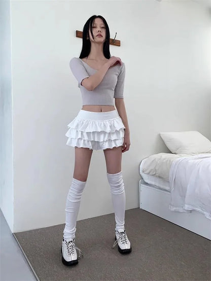 Y2k Lolita Mini Cake Skirt Soft Girl low Waist Ruffle Fluffy Fairy Skirts Summer Kawaii Cute Elegant Short Skirt Black