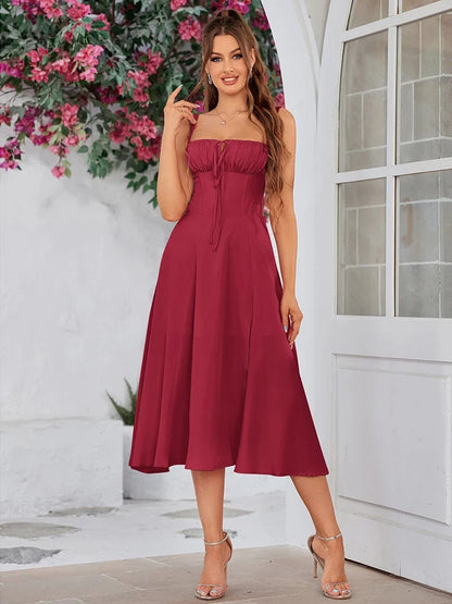 Summer Sweet Solid Sleeveless Long Dress Women Fashion Bandage Camisole Dresses Padded Boned Robe Elegant Party Vestidos