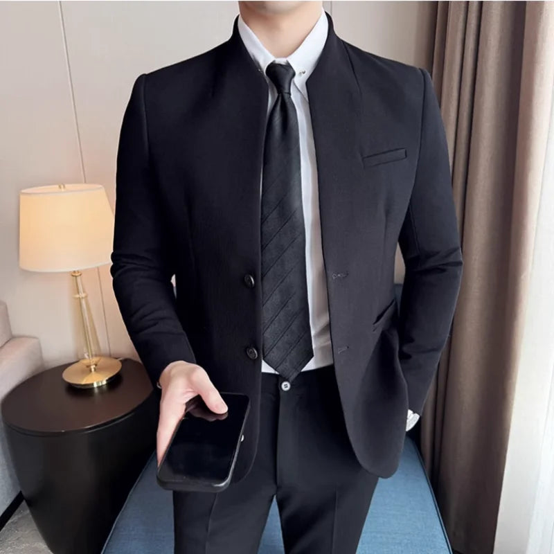 New Chinese Stand-Up Collar Suit Jacket High Quality Waffle Business Slim Fit Men's Social Party Suit Dress Men's clothing 5XL-M