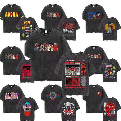 Washed Vintage Anime Akira T Shirts Japanese Science Fiction Cartoon Movie Shotaro Kaneda T-shirt Men's Manga Oversized T-shirts