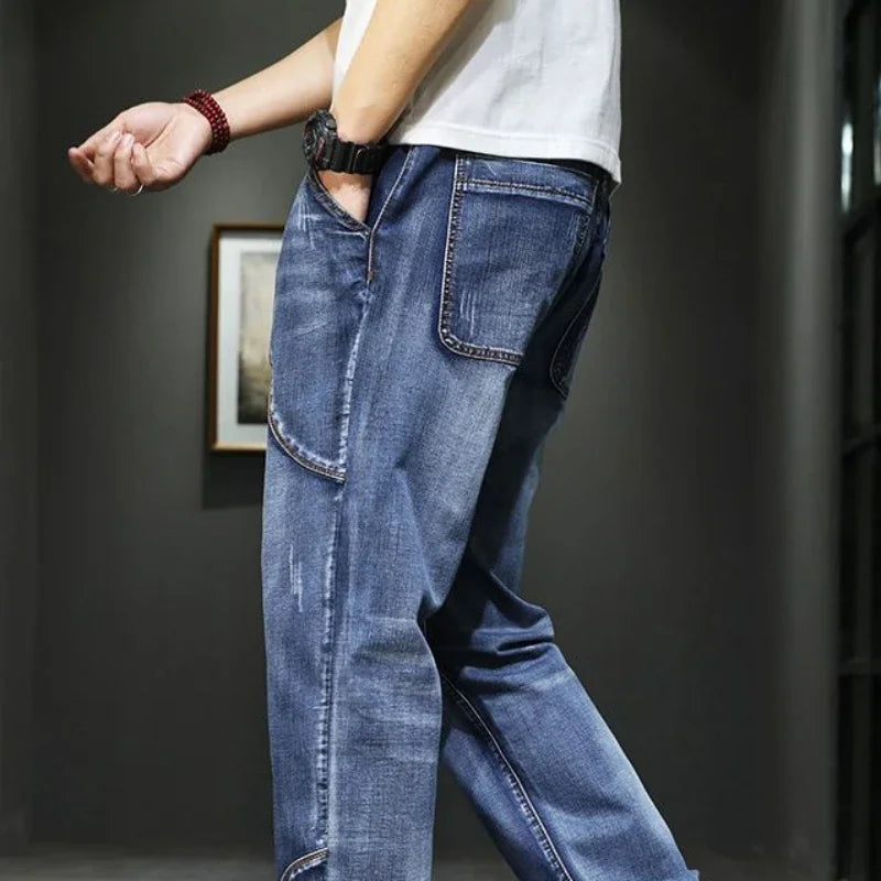 Male Cowboy Pants Straight Trousers with Pockets Blue Jeans for Men Retro Baggy Buggy Autumn Clothing Washed Original Winter Xs
