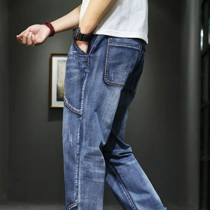 Male Cowboy Pants Straight Trousers with Pockets Blue Jeans for Men Retro Baggy Buggy Autumn Clothing Washed Original Winter Xs